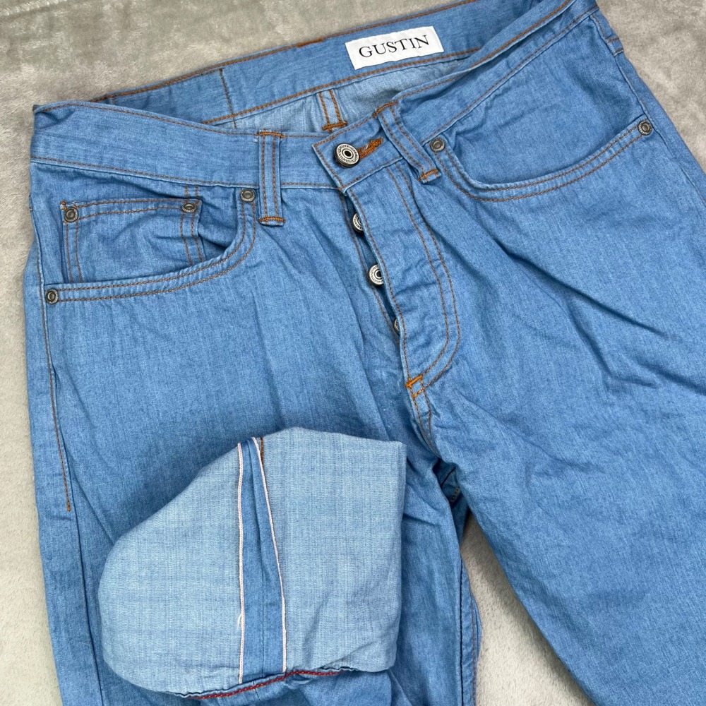 Gustin Slim Jeans Mens 32 Light Wash Blue Selvedge‎ Denim Button Fly California